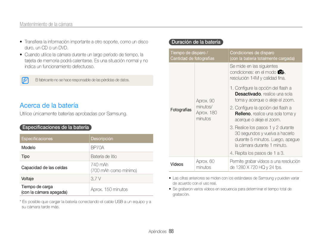 Samsung EC-ST65ZZBPBE1, EC-ST65ZZBPSE1 manual Acerca de la batería, Especificaciones de la batería, Duración de la batería 