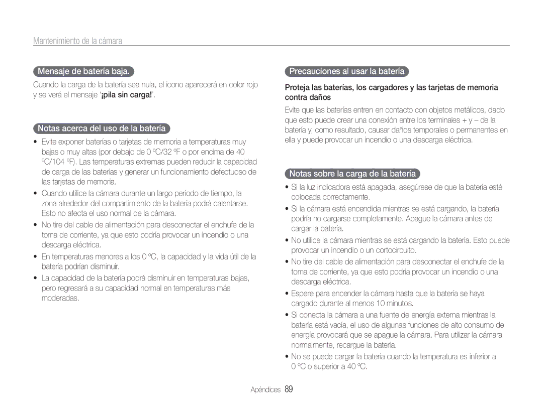 Samsung EC-ST65ZZBPSE1 manual Mensaje de batería baja, Notas acerca del uso de la batería, Precauciones al usar la batería 