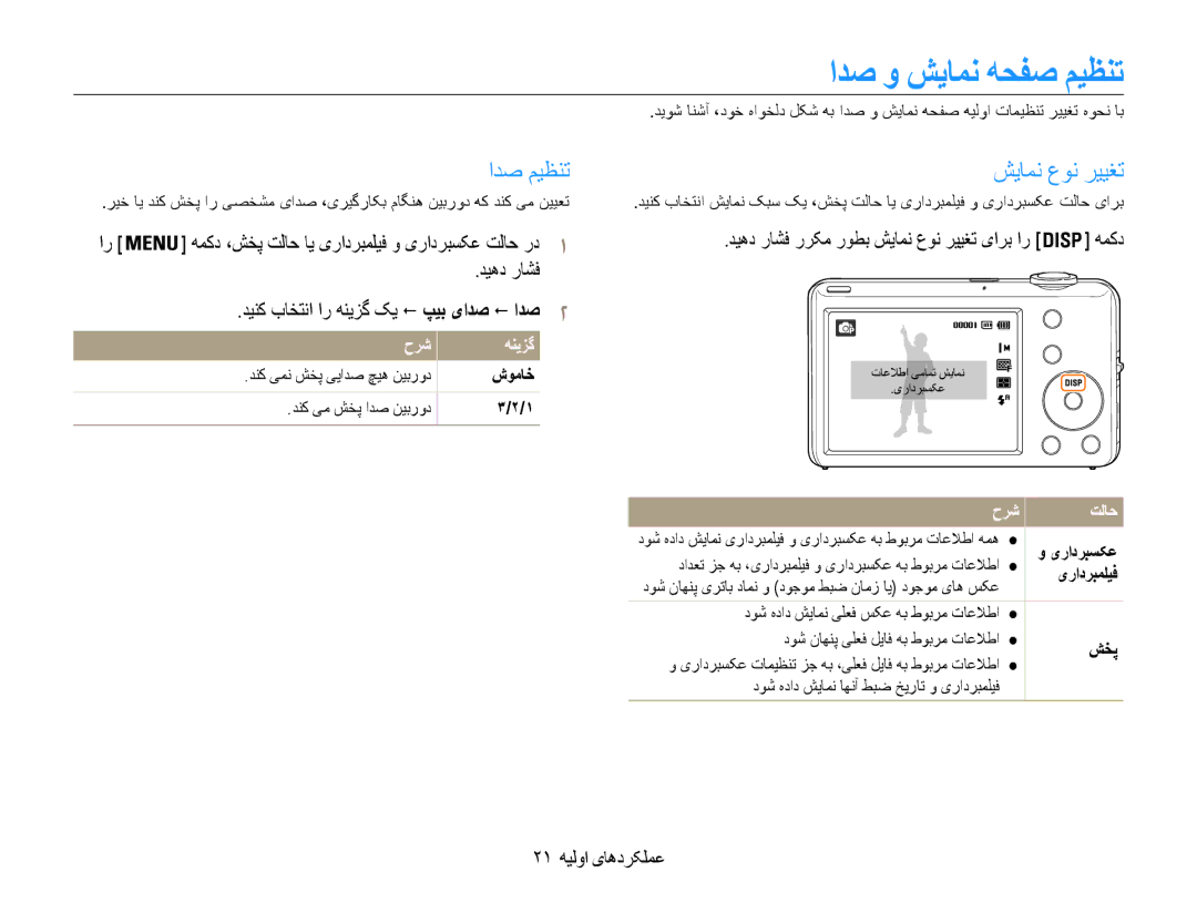 Samsung EC-ST65ZZBPSIL, EC-ST65ZZBPUE1 ادص و شیامن هحفص میظنت, ادص میظنت شیامن عون رییغت, دیهد راشف, 21 عملکردهای اولیه 