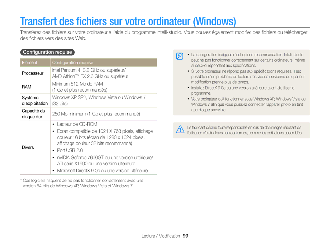 Samsung EC-ST65ZZBPSE1, EC-ST65ZZDPBZA manual Transfert des ﬁchiers sur votre ordinateur Windows, Conﬁguration requise 