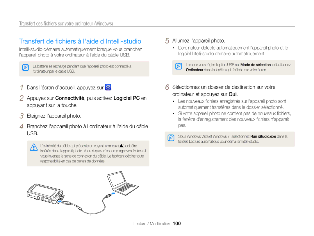 Samsung EC-ST6500DPBZA Transfert de ﬁchiers à laide dIntelli-studio, Transfert des ﬁchiers sur votre ordinateur Windows 