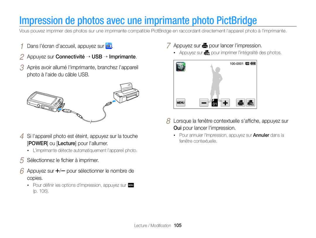 Samsung EC-ST65ZZDPRZA manual Impression de photos avec une imprimante photo PictBridge, Photo à laide du câble USB, Copies 