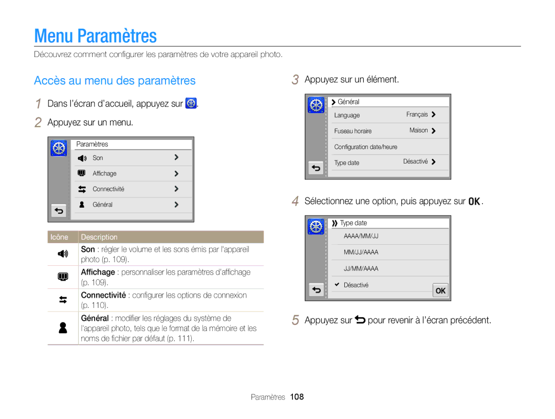 Samsung EC-ST65ZZBPSE1, EC-ST65ZZDPBZA manual Menu Paramètres, Accès au menu des paramètres, Appuyez sur un élément 