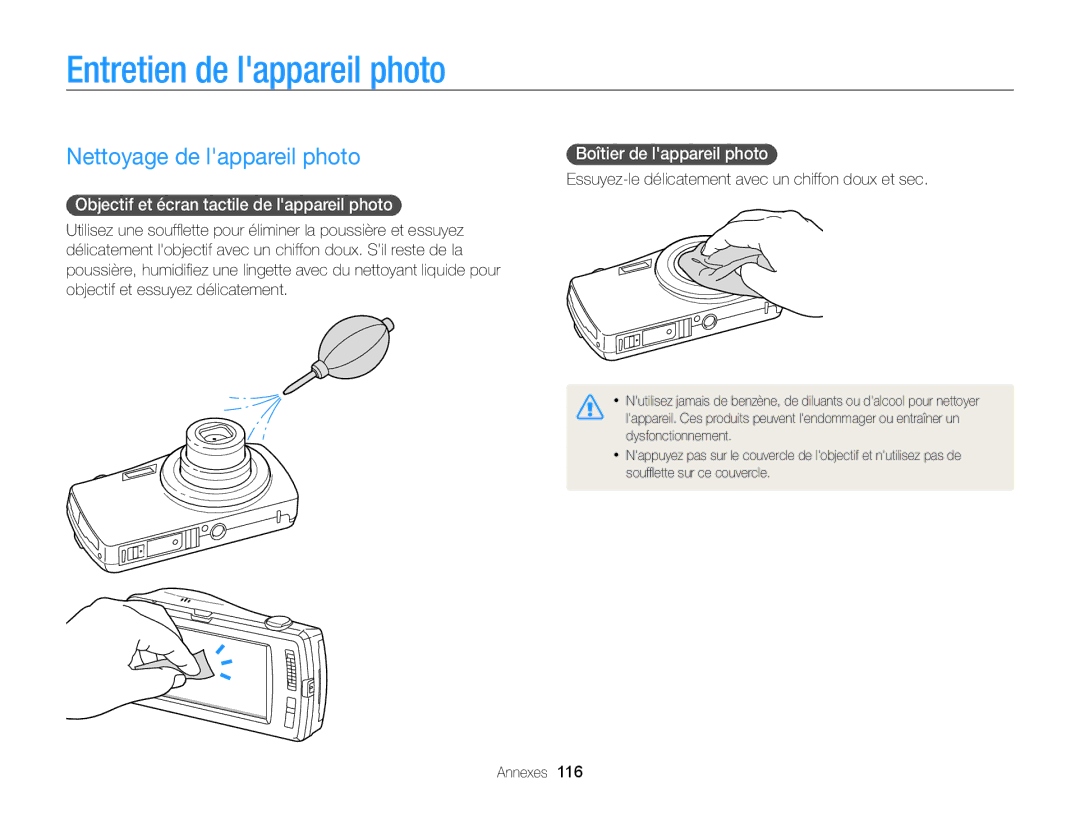 Samsung EC-ST65ZZDPBZA manual Entretien de lappareil photo, Nettoyage de lappareil photo, Boîtier de lappareil photo 