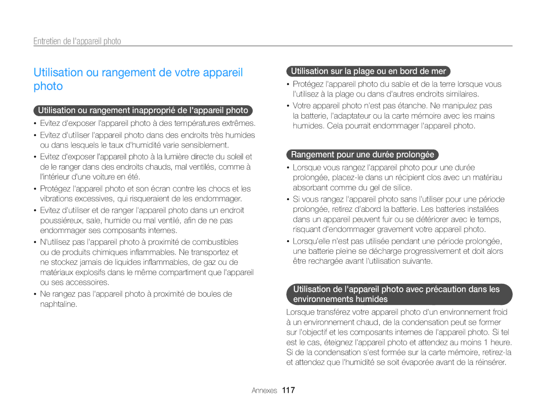 Samsung EC-ST65ZZBPSE1, EC-ST65ZZDPBZA manual Utilisation ou rangement de votre appareil photo, Entretien de lappareil photo 