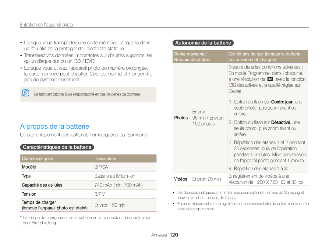 Samsung EC-ST65ZZBPUE1, EC-ST65ZZDPBZA Propos de la batterie, Caractéristiques de la batterie, Autonomie de la batterie 