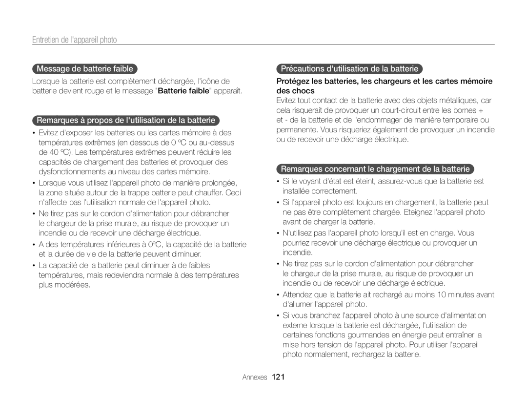 Samsung EC-ST65ZZBPEE1, EC-ST65ZZDPBZA manual Message de batterie faible, Remarques à propos de lutilisation de la batterie 