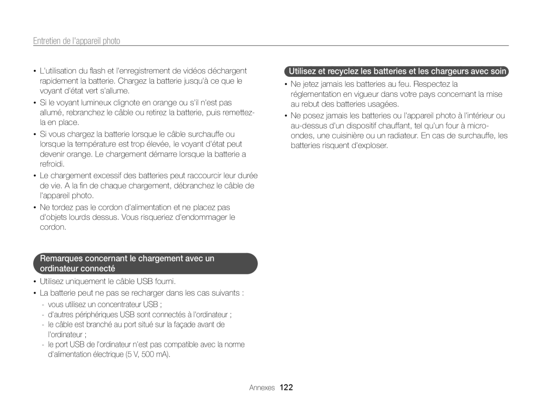 Samsung EC-ST65ZZBPRE1, EC-ST65ZZDPBZA, EC-ST65ZZBPSE1, EC-ST6500DPBZA, EC-ST65ZZDPSZA manual Entretien de lappareil photo 