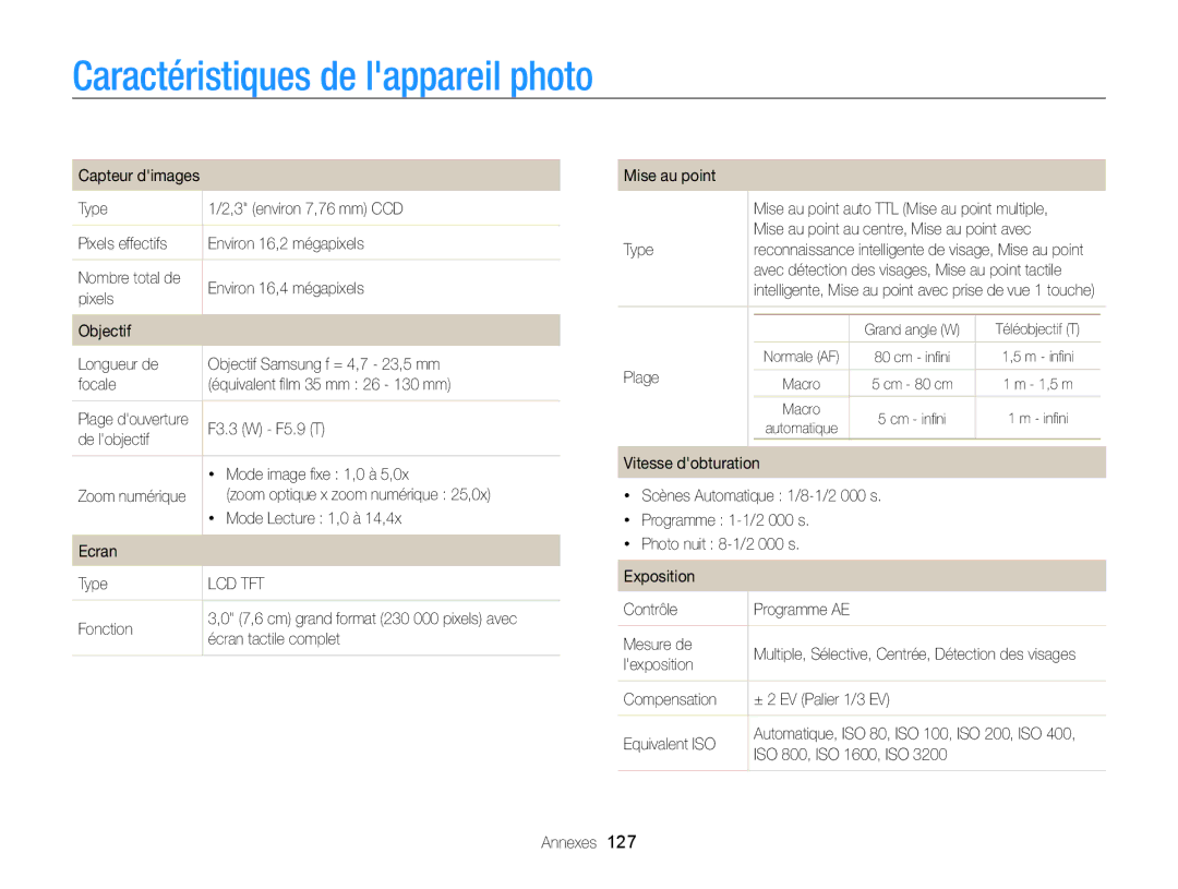 Samsung EC-ST6500DPBZA, EC-ST65ZZDPBZA, EC-ST65ZZBPSE1, EC-ST65ZZDPSZA, EC-ST65ZZBPUE1 Caractéristiques de lappareil photo 