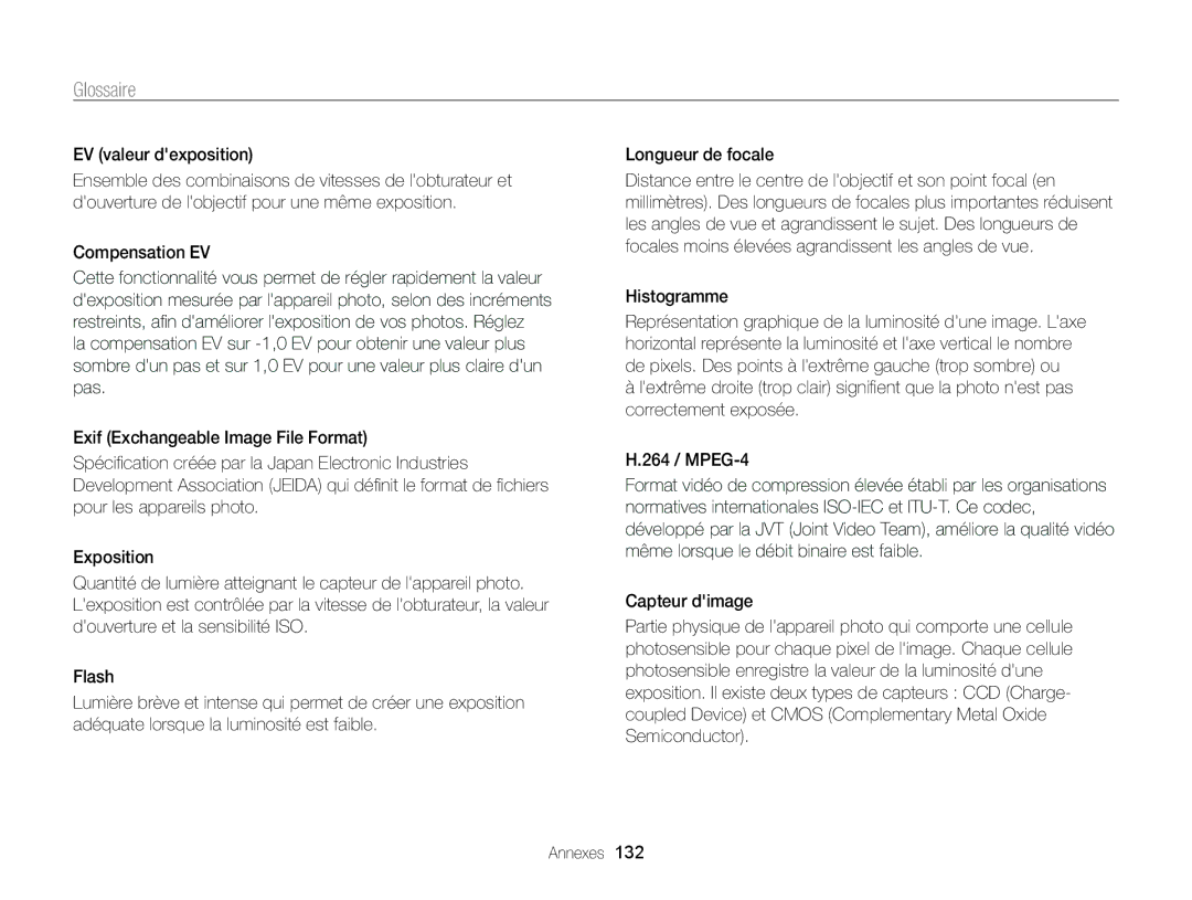 Samsung EC-ST65ZZDPRZA, EC-ST65ZZDPBZA, EC-ST65ZZBPSE1 manual Glossaire, EV valeur dexposition, Compensation EV, Histogramme 