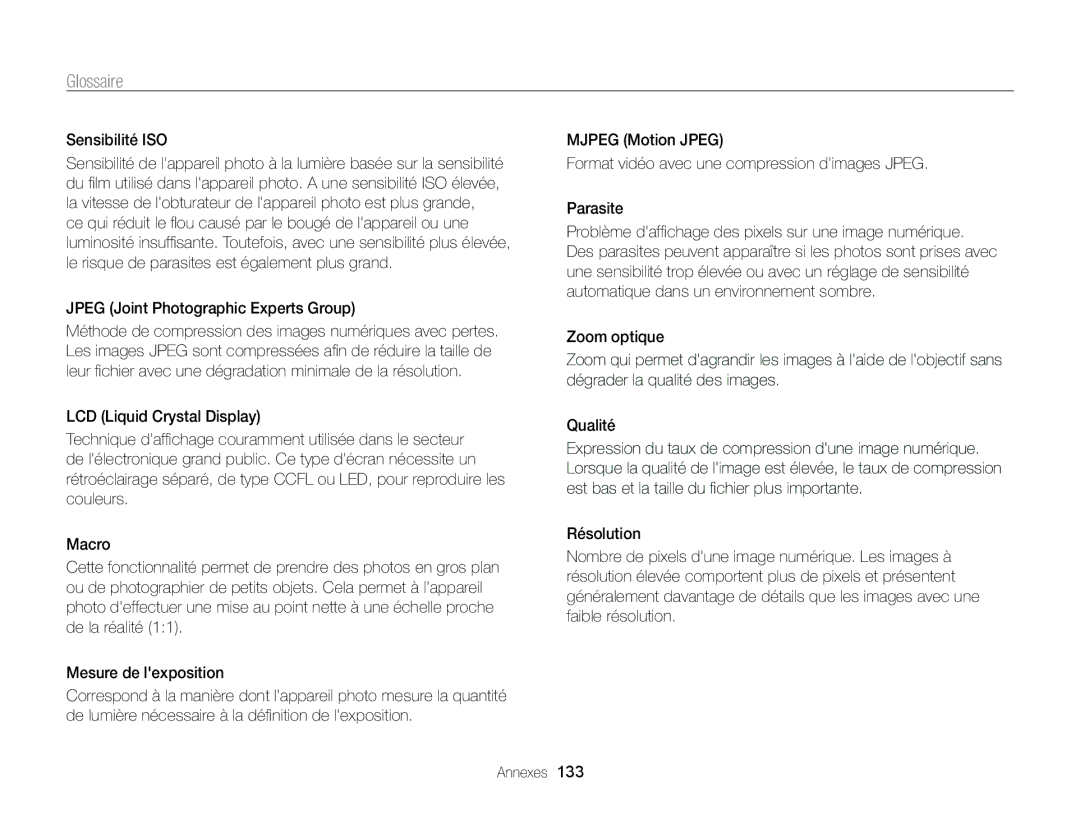 Samsung EC-ST65ZZBPBE1, EC-ST65ZZDPBZA, EC-ST65ZZBPSE1 manual Sensibilité ISO, Jpeg Joint Photographic Experts Group 