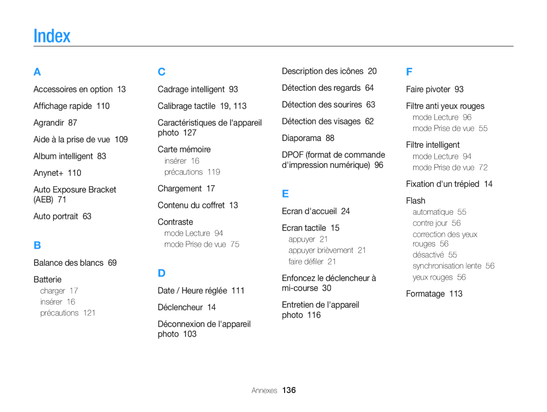 Samsung EC-ST6500DPBZA, EC-ST65ZZDPBZA, EC-ST65ZZBPSE1 Index, Charger 17 insérer 16 précautions, Insérer 16 précautions 