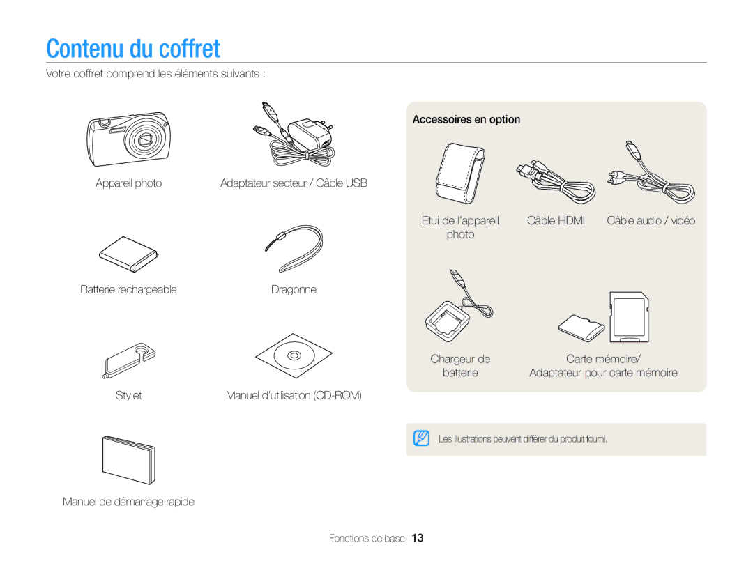 Samsung EC-ST65ZZBPEE1, EC-ST65ZZDPBZA Contenu du coffret, Câble Hdmi, Photo, Manuel de démarrage rapide Fonctions de base 