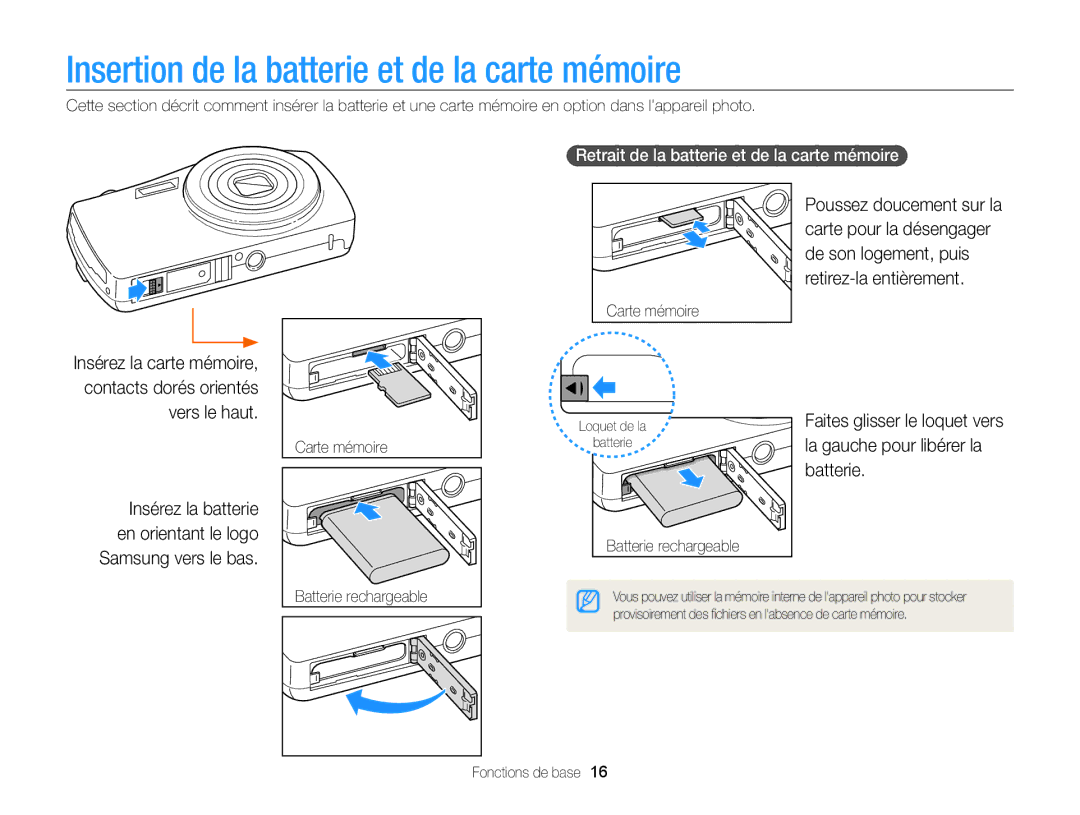 Samsung EC-ST65ZZBPBE1 Insertion de la batterie et de la carte mémoire, Retrait de la batterie et de la carte mémoire 