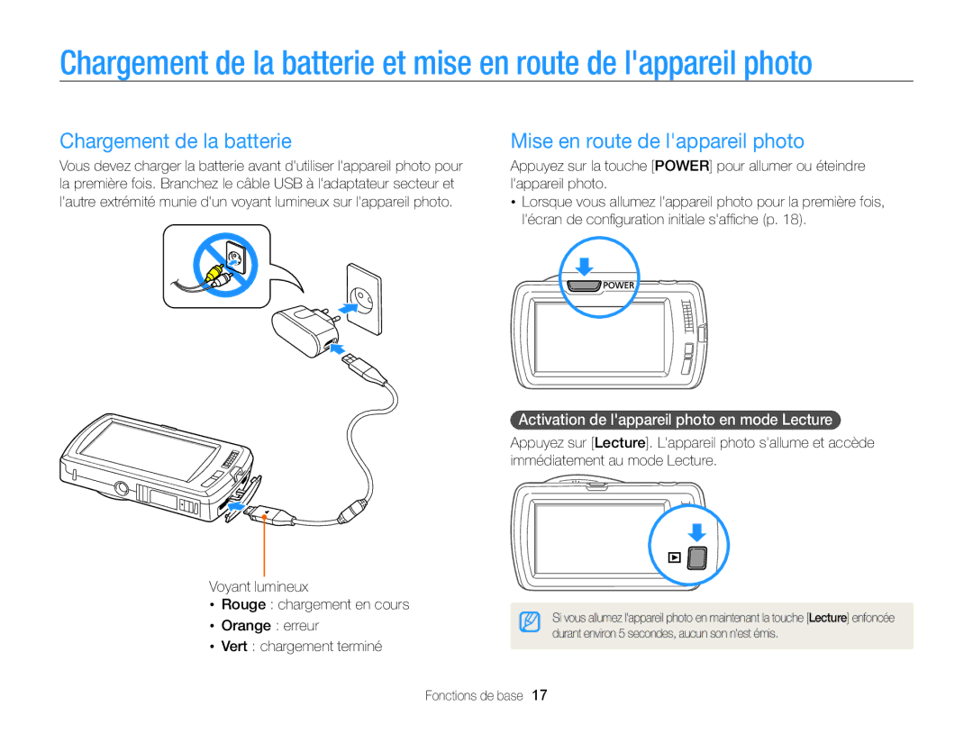 Samsung EC-ST65ZZDPBZA, EC-ST65ZZBPSE1, EC-ST6500DPBZA manual Chargement de la batterie, Mise en route de lappareil photo 