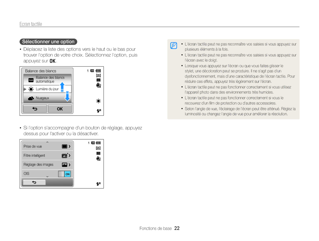 Samsung EC-ST65ZZBPEE1, EC-ST65ZZDPBZA, EC-ST65ZZBPSE1, EC-ST6500DPBZA, EC-ST65ZZDPSZA Ecran tactile, Sélectionner une option 