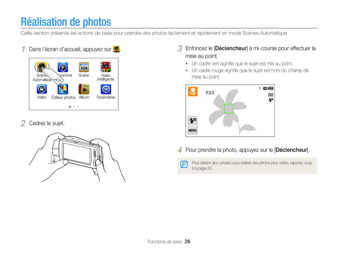 Samsung EC-ST65ZZDPBZA, EC-ST65ZZBPSE1, EC-ST6500DPBZA manual Réalisation de photos, Dans l’écran d’accueil, appuyez sur 