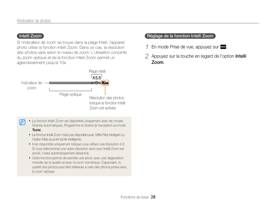 Samsung EC-ST6500DPBZA manual Réglage de la fonction Intelli Zoom, Plage Intelli Indicateur de Zoom Plage optique 