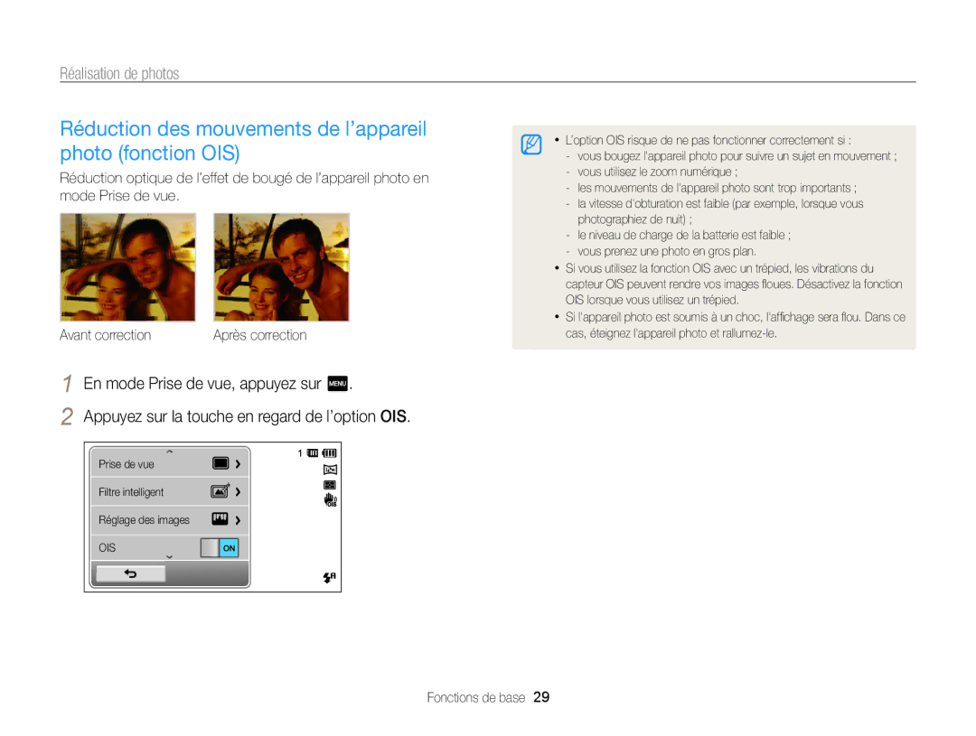 Samsung EC-ST65ZZDPSZA, EC-ST65ZZDPBZA, EC-ST65ZZBPSE1 manual Réduction des mouvements de l’appareil photo fonction OIS 