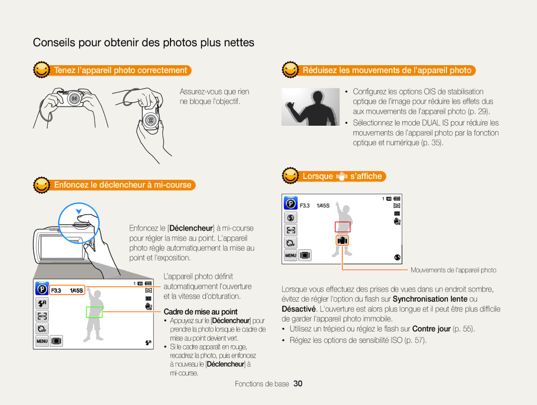 Samsung EC-ST65ZZBPUE1 Lorsque h s’afﬁche Enfoncez le déclencheur à mi-course, Assurez-vous que rien, Ne bloque lobjectif 