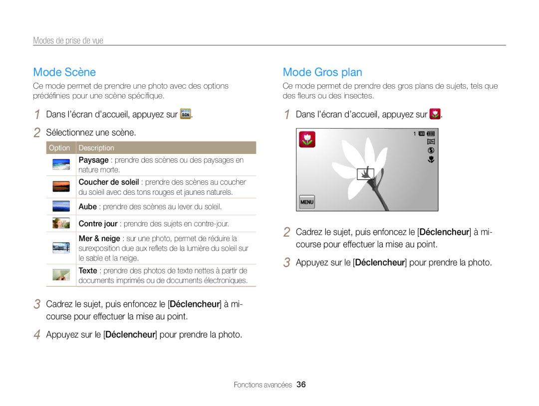 Samsung EC-ST65ZZBPSE1 manual Mode Scène, Mode Gros plan, Paysage prendre des scènes ou des paysages en nature morte 