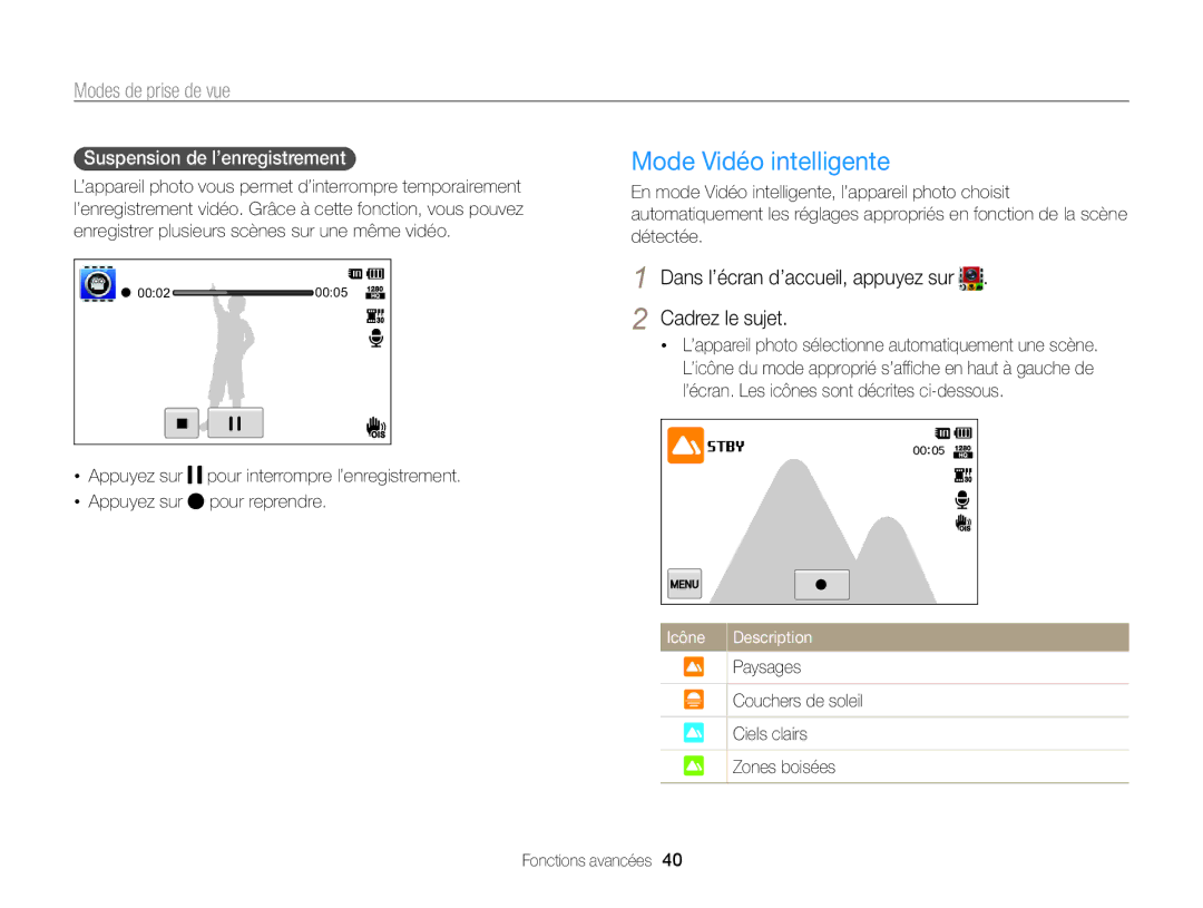 Samsung EC-ST65ZZBPEE1 manual Mode Vidéo intelligente, Dans l’écran d’accueil, appuyez sur Cadrez le sujet, Paysages 