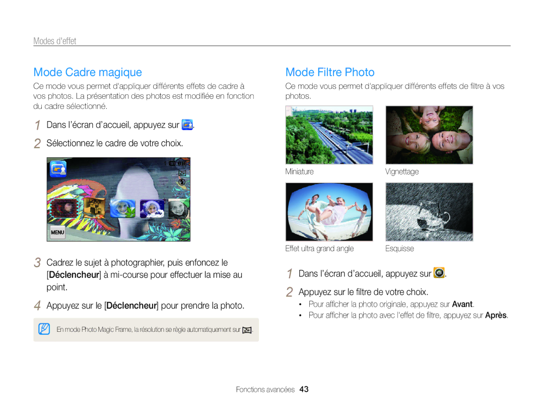Samsung EC-ST65ZZBPBE1, EC-ST65ZZDPBZA manual Mode Cadre magique, Mode Filtre Photo, Modes deffet, Effet ultra grand angle 