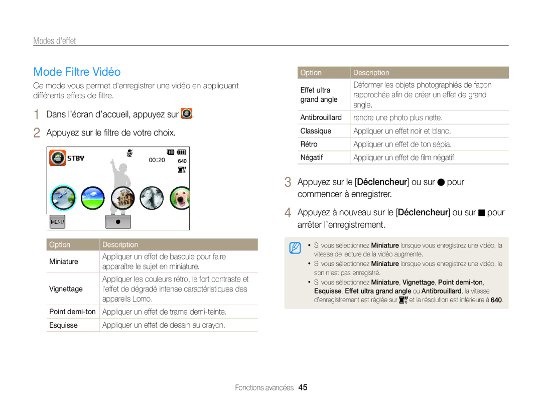 Samsung EC-ST65ZZBPSE1, EC-ST65ZZDPBZA, EC-ST6500DPBZA, EC-ST65ZZDPSZA, EC-ST65ZZBPUE1 manual Mode Filtre Vidéo, Angle 