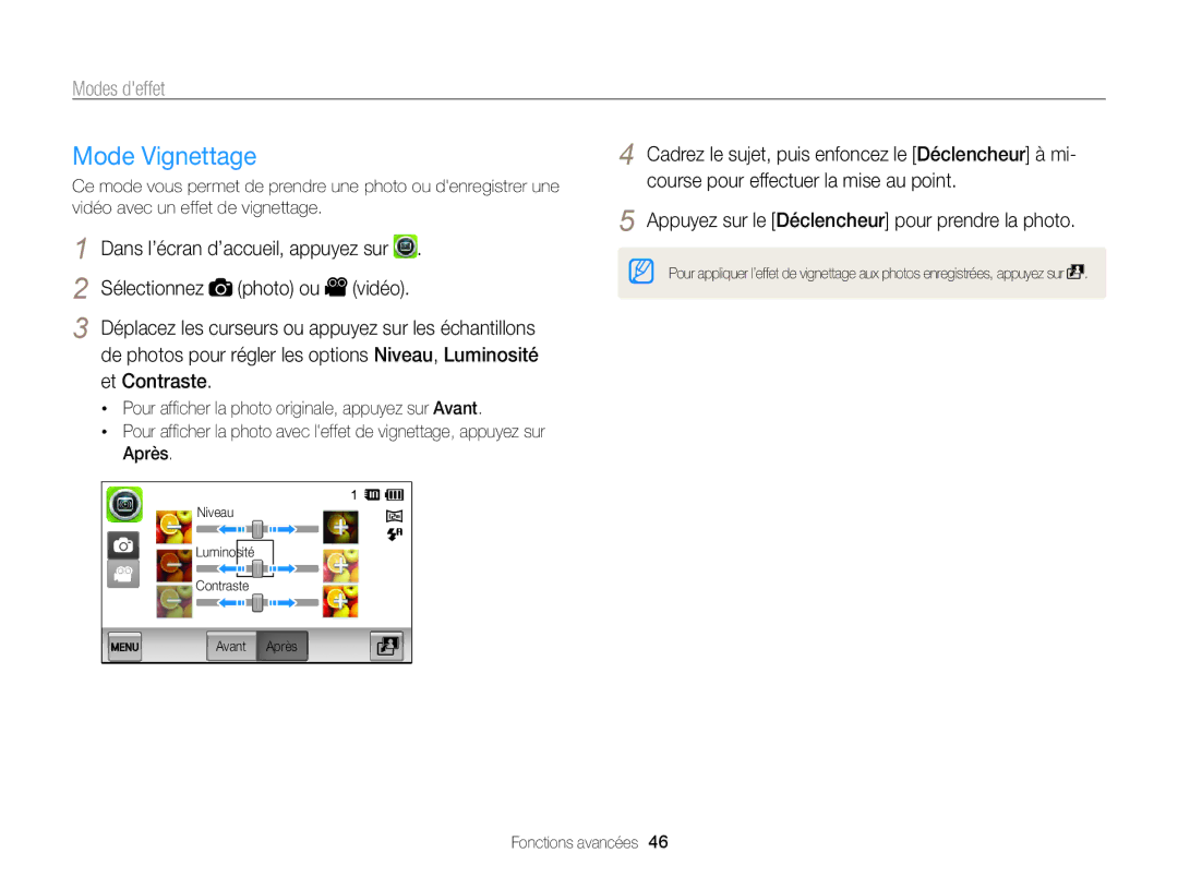 Samsung EC-ST6500DPBZA Mode Vignettage, Sélectionnez Photo ou Vidéo, De photos pour régler les options Niveau, Luminosité 