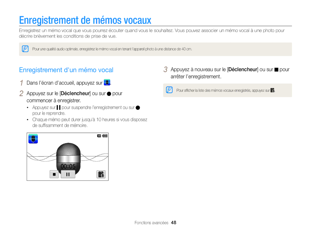 Samsung EC-ST65ZZBPUE1, EC-ST65ZZDPBZA, EC-ST65ZZBPSE1 manual Enregistrement de mémos vocaux, Enregistrement dun mémo vocal 