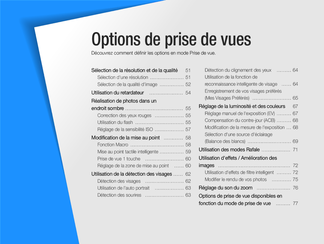 Samsung EC-ST65ZZBPRE1, EC-ST65ZZDPBZA, EC-ST65ZZBPSE1 manual Découvrez comment déﬁnir les options en mode Prise de vue 