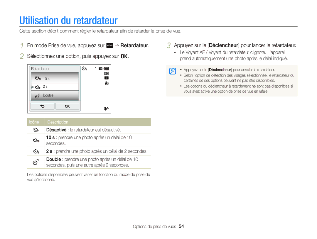 Samsung EC-ST65ZZBPSE1, EC-ST65ZZDPBZA Utilisation du retardateur, Appuyez sur le Déclencheur pour lancer le retardateur 