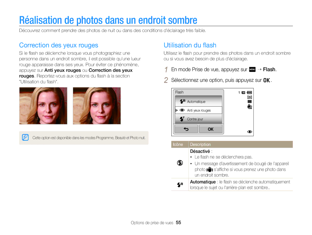 Samsung EC-ST6500DPBZA manual Réalisation de photos dans un endroit sombre, Correction des yeux rouges, Utilisation du ﬂash 