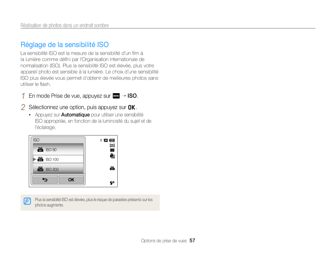 Samsung EC-ST65ZZBPUE1, EC-ST65ZZDPBZA, EC-ST65ZZBPSE1, EC-ST6500DPBZA, EC-ST65ZZDPSZA Réglage de la sensibilité ISO, Iso 