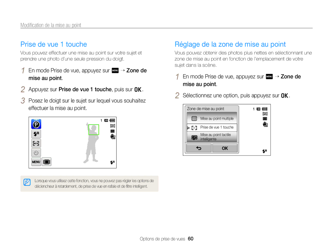 Samsung EC-ST65ZZDPRZA, EC-ST65ZZDPBZA, EC-ST65ZZBPSE1 manual Prise de vue 1 touche, Réglage de la zone de mise au point 