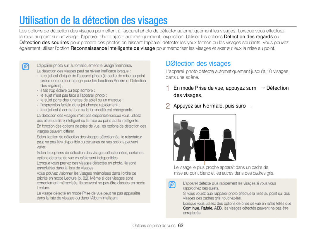 Samsung EC-ST65ZZDPBZA, EC-ST65ZZBPSE1, EC-ST6500DPBZA manual Utilisation de la détection des visages, Détection des visages 