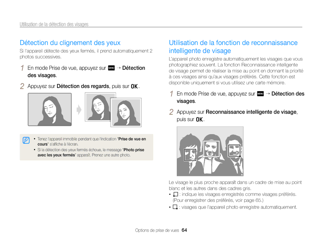 Samsung EC-ST6500DPBZA, EC-ST65ZZDPBZA, EC-ST65ZZBPSE1, EC-ST65ZZDPSZA, EC-ST65ZZBPUE1 manual Détection du clignement des yeux 