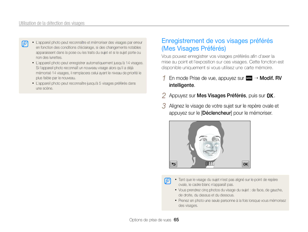 Samsung EC-ST65ZZDPSZA, EC-ST65ZZDPBZA, EC-ST65ZZBPSE1 manual Enregistrement de vos visages préférés Mes Visages Préférés 