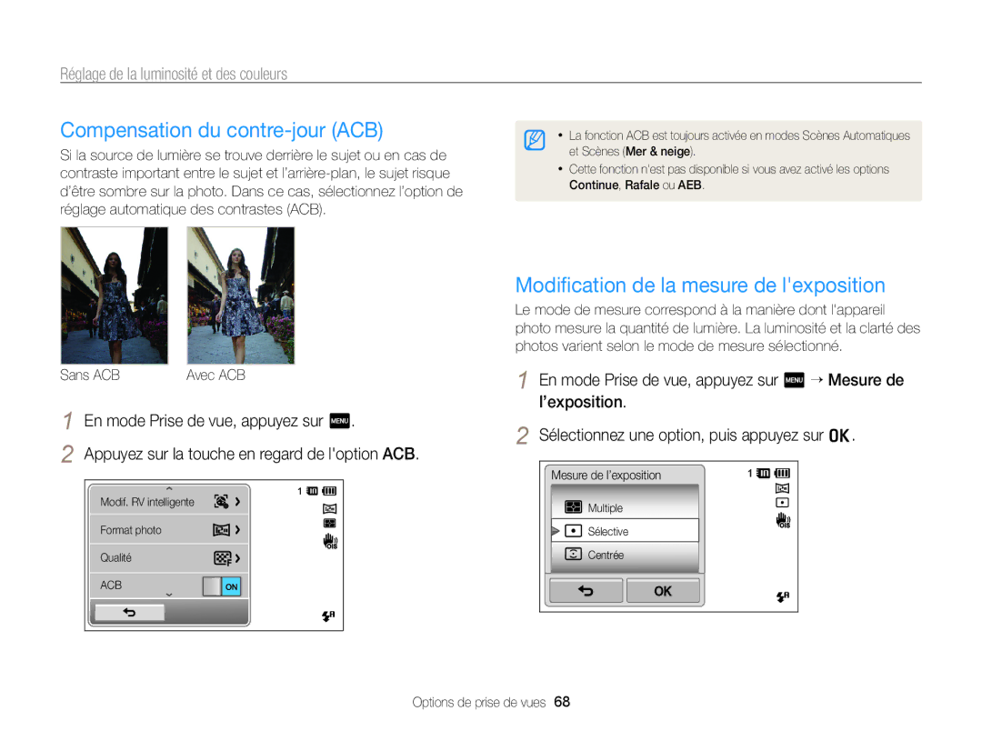 Samsung EC-ST65ZZBPRE1, EC-ST65ZZDPBZA manual Compensation du contre-jour ACB, Modiﬁcation de la mesure de lexposition 