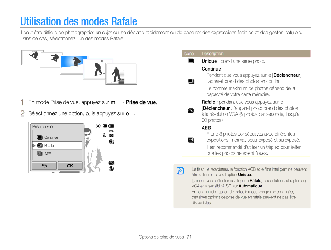 Samsung EC-ST65ZZDPBZA, EC-ST65ZZBPSE1, EC-ST6500DPBZA, EC-ST65ZZDPSZA, EC-ST65ZZBPUE1 manual Utilisation des modes Rafale 