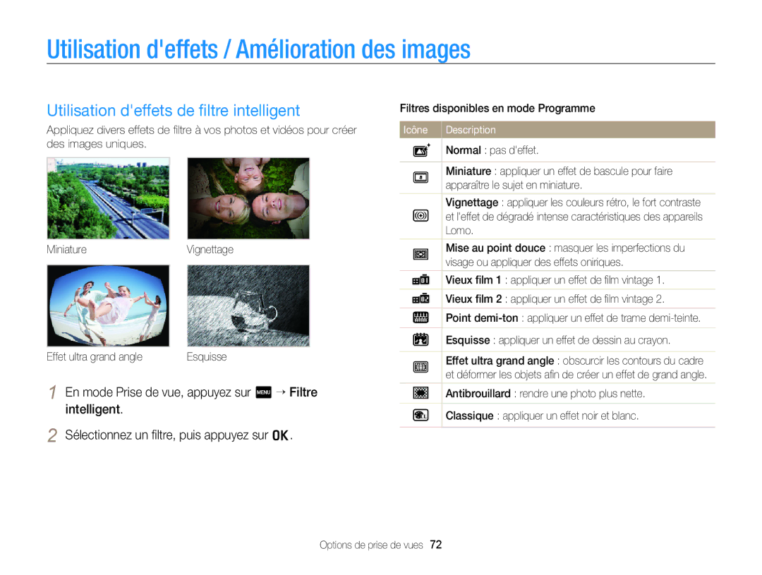 Samsung EC-ST65ZZBPSE1 manual Utilisation deffets / Amélioration des images, Utilisation deffets de ﬁltre intelligent 