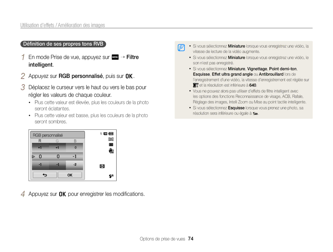 Samsung EC-ST65ZZDPSZA, EC-ST65ZZDPBZA Appuyez sur o pour enregistrer les modiﬁcations, Déﬁnition de ses propres tons RVB 