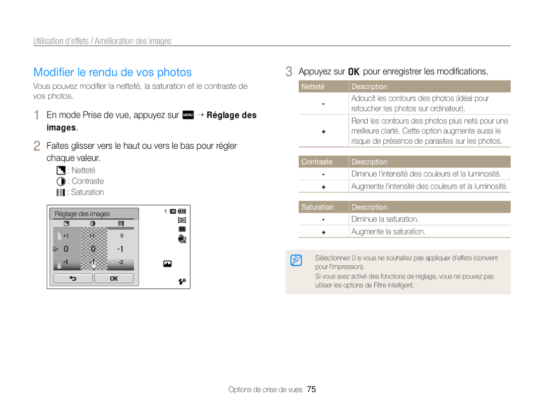 Samsung EC-ST65ZZBPUE1 Modiﬁer le rendu de vos photos, Netteté Description, Retoucher les photos sur ordinateur, Contraste 