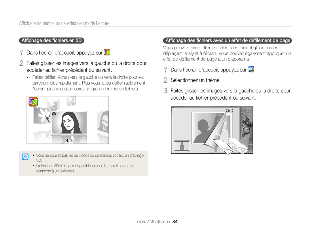 Samsung EC-ST65ZZBPUE1 manual Accéder au ﬁchier précédent ou suivant, Sélectionnez un thème, Afﬁchage des ﬁchiers en 3D 