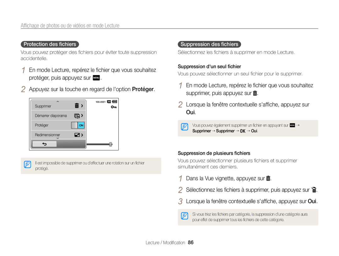 Samsung EC-ST65ZZBPRE1, EC-ST65ZZDPBZA, EC-ST65ZZBPSE1, EC-ST6500DPBZA manual Protection des ﬁchiers, Suppression des ﬁchiers 