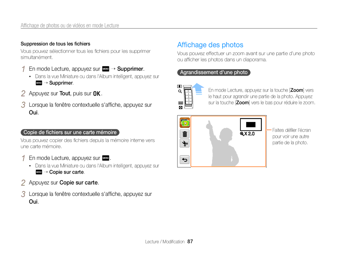 Samsung EC-ST65ZZDPRZA manual Afﬁchage des photos, En mode Lecture, appuyez sur m “ Supprimer, Agrandissement dune photo 