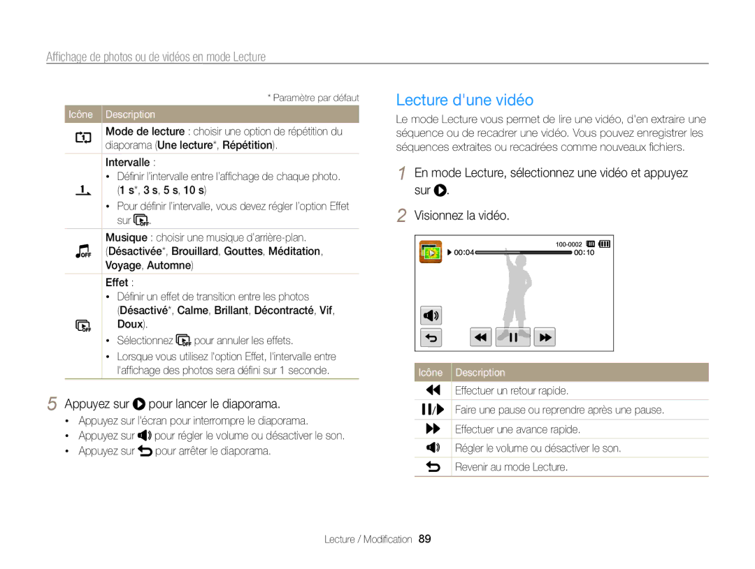 Samsung EC-ST65ZZDPBZA manual Lecture dune vidéo, Appuyez sur pour lancer le diaporama, Effectuer un retour rapide 