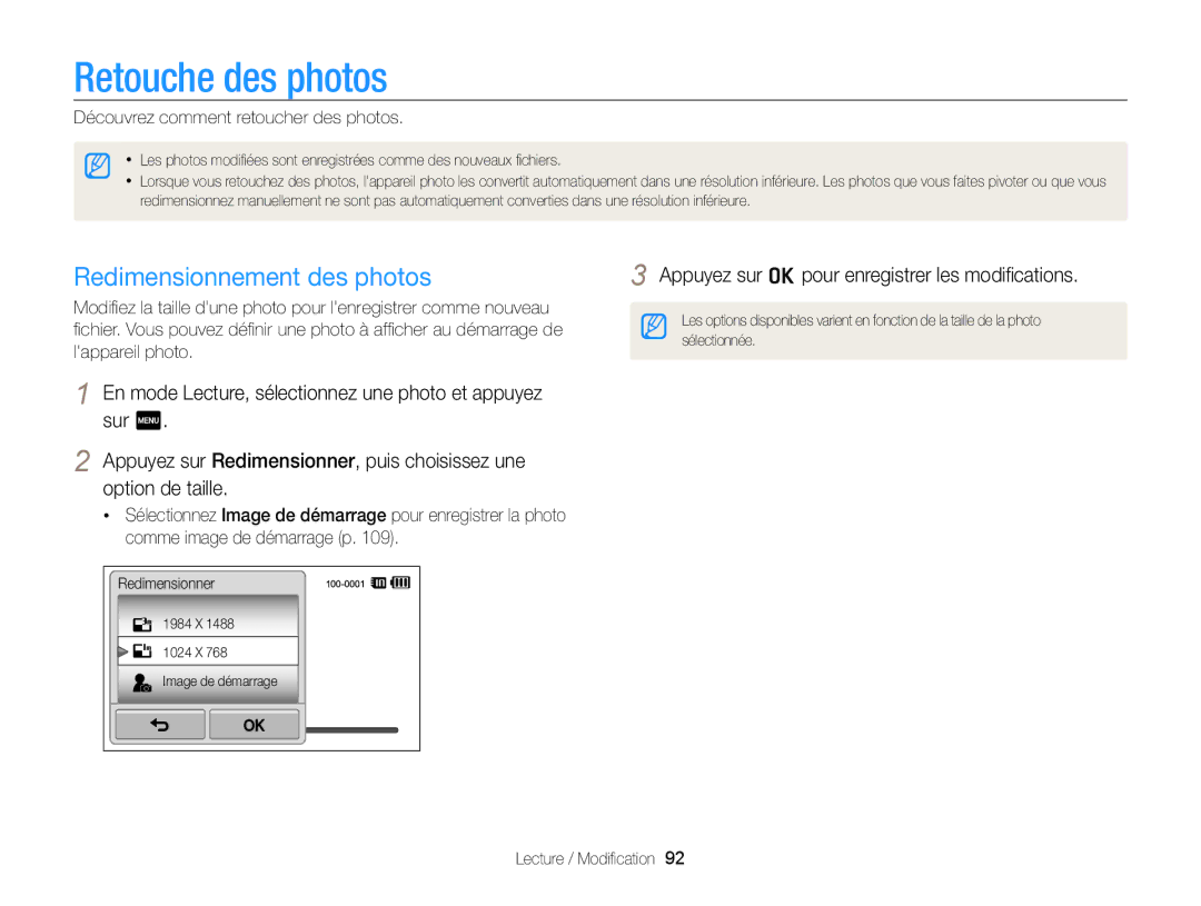 Samsung EC-ST65ZZDPSZA manual Retouche des photos, Redimensionnement des photos, Découvrez comment retoucher des photos 