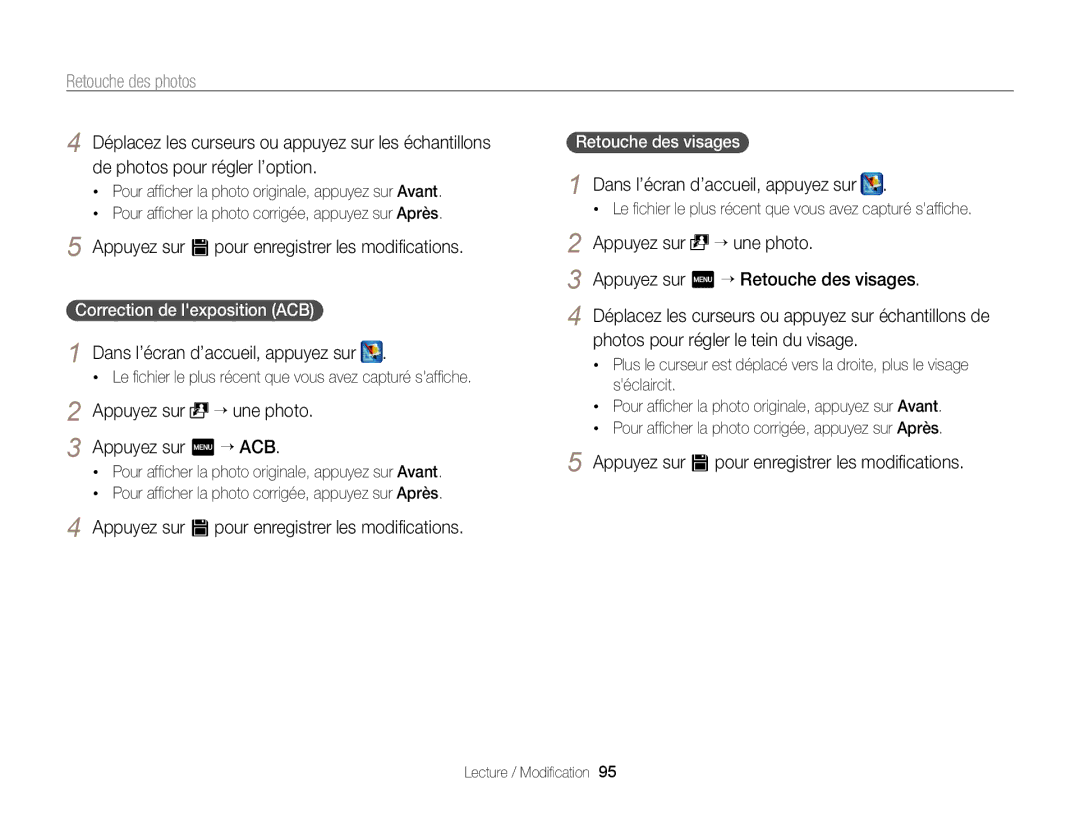 Samsung EC-ST65ZZBPRE1 manual Photos pour régler le tein du visage, Correction de lexposition ACB, Retouche des visages 