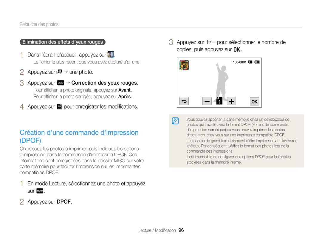 Samsung EC-ST65ZZDPRZA, EC-ST65ZZDPBZA manual Création dune commande dimpression Dpof, Elimination des effets dyeux rouges 